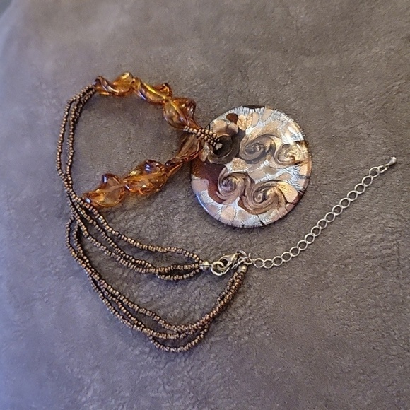 Vtg Bronze Beaded Handblown Glitter Glass Pendant Necklace - Picture 8 of 8